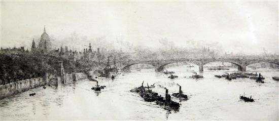 William Lionel Wyllie (1851-1931) The City from Waterloo Bridge and another Thames scene, 6.5 x 15in. and 8 x 16in.